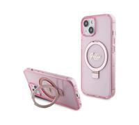 Guess Housse Ring Stand Script Glitter MagSafe Rose - iPhone 15 Plus