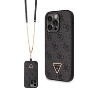 Guess HoussePolyuréthane4G strass triangle métal logo avec bandoulière iPhone 15 Pro Max Noir