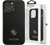 Guess, iPhone 13 Pro étui antichoc en saffiano avec logo 4G en métal, noir