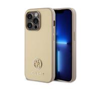 CG MOBILE Guess Coque PU avec Logo en métal 4G Strass pour iPhone 15 Promax Doré