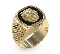 Bague Lion King Acier Doré Forme Chevalière Et Tête De Lion Sur Fond Noir Gm Doré 62