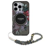Guess MagSafe IML Flowers Case avec beads strap pour Apple iPhone 16 Pro - Noir