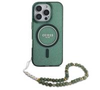 Guess MagSafe IML Glitter Case avec beads strap pour Apple iPhone 16 Pro - Green