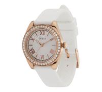 Guess Montre pour Femme GW1000L3 Mini Luna 30 mm en Acier Inoxydable Or Rose, Cadran argenté, Verre minéral, zircone, 3 ATM, Bracelet en Silicone Blanc 14 mm