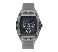 GUESS Montre Homme Tendance Casual Tonneau Diamant 43mm - Cadran Noir Boîtier & Bracelet Acier Inoxydable, Gris, Sangle