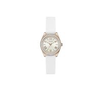 Guess Montre pour Femme GW1000L3 Mini Luna 30 mm en Acier Inoxydable Or Rose, Cadran argenté, Verre minéral, zircone, 3 ATM, Bracelet en Silicone Blanc 14 mm