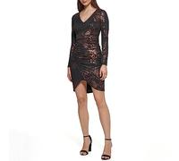 GUESS Robe fourreau à manches longues pour femme, Noir/bronze, 42