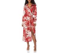 Guess Robe midi pour Femme à imprimé Floral Rouge | Taille : XL | Coupe Droite Robe Portefeuille à Manches Longues avec nœud
