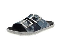 GUESS Sandales plates Funzy pour femme, Patchwork bleu denim moyen 420, 36.5 EU