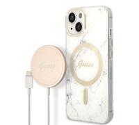 Guess Set Magsafe Nabíjačka + Puzdro Pre Iphone 14 6.1 White Marble (Gubpp14Shmeacsh)