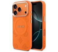 Guess [Sous licence officielle] par CG MOBILE, étui de protection conçu pour iPhone 17 Pro | Compatible magnétique | Étui en cuir PU avec logo classique pivoine et cadre photo en métal doré, orange