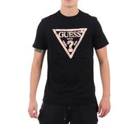 GUESS T-shirt pour homme, noir, logo triangulaire métallique en rose doré, manches courtes, Noir , L