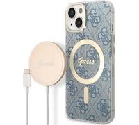 Guess Wireless Charger and Case GUBPP14SH4EACSB pour iPhone 14 6.1 pouces, bleu, bleu, dur, compatible MagSafe, impression 4G