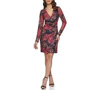 Guess Robe ajustée à manches longues et col en V pour femme, Noir/multicolore, 42