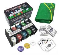 Guestcare Set Poker Professionnel Texas Holdem 200 Fiches en Euro avec Tapis Vert et deux Jeu de Cartes de Jeu, 1 DEALER, 1 BIG BLIND, 1 SMALL BLIND