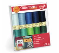 Gütermann Cousue Tout Fil Set - 10 X 100m Bobines - Bleu Et Vert Nuances 734006