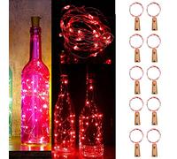 Guezuvoru Lot de 10 guirlandes lumineuses pour bouteille de vin avec bouchon en liège, 20 LED, étanches en fil argenté, pour Noël, fête de mariage, décoration de bocal Mason - Rouge - 2 m