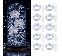 Guezuvoru Lot de 10 Mini Guirlandes LED à Piles, 1M 10 LED, Blanc Froid | Fil argenté flexible IP65, 2 piles CR2032 incluses par guirlande, idéal pour bouteilles, mariages, fêtes, cadeaux et Noël