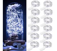Guezuvoru Lot de 12 guirlandes lumineuses à piles, 2 m 20 LED, guirlandes lumineuses étanches, guirlandes lumineuses étoilées pour chambre à coucher, fête de mariage, décoration de Noël - Blanc froid