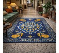 GUGJHFVH Tapis Salon Moderne à Poils Courts et Moelleux, Dessous Antidérapant, Chambre Bureau Lavable Tapis Motifs Floraux Géométriques Traditionnels Bleus, 150x200cm