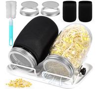GUHAOOL Bocal de Germination,2 x 1000ml Germoir en Verre Bocal à Germes,2 Couvercle à Grille en Acier Inoxydable,2 Support,1 Plateau,2 Toile d'ombrage et 1 Brosse, Bocal de Germination de Graines