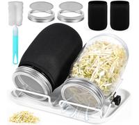 GUHAOOL Bocal de Germination,2 x 1000ml Germoir en Verre Bocal à Germes,2 Couvercle à Grille en Acier Inoxydable,2 Support,1 Plateau,2 Toile d'ombrage et 1 Brosse, Bocal de Germination de Graines