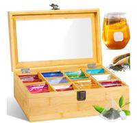 GUHAOOL Boîte à thé, Boîte à thé en Bois avec 10 Compartiments 29.5 x 16 x 9 cm, Boîte à thé avec Couvercle Fenêtre Transparente, Conservation du thé, Boîte à Sachets de thé pour Conserver les Arômes