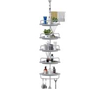 GUHAOOL Etagere Salle de Bain, Étagère Salle de Bain Télescopique, Étagère de Douche Réglable en Hauteur 100-320 cm, Acier Inoxydable sans Perçage, 5 Plateaux, 4 Crochets, 1 Porte-Serviettes, Gris