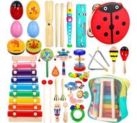 GUHAOOL Instruments de Musique pour Enfants,34PCS Ensemble de Jouets Musicaux Bois,Instrument Percussion Enfant avec Xylophone et Sac de Transport pour Cadeau de Noël pour Un Anniversaire pour 1+ Ans