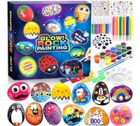 GUHAOOL Kit de Peinture sur Roche pour Enfants, 12 Galets à Décorer, Kits de Peinture Rupestre, Kits de Bricolage avec 24 Peintures, Kits de Loisirs Créatifs pour Enfants de 3+ Ans