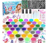 GUHAOOL Kit Tatouage Paillettes Enfant, Tatouage Temporaire - 41 Couleurs de Paillettes,159 Pochoirs,245 Strass,Non-toxique Kit Maquillage de Tatouage Paillette Temporaires,Pour Carnaval,Cadeau Fille