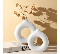 GUHAOOL Vase en Céramique en Donut Blanc, Lot de 2 Vase Céramique Moderne, Vases Ronds Mat pour Herbe de la Pampa pour La Décoration Salon,Chambre à Coucher,Table à Manger,Vase Artisanat Cadeau (M+S)