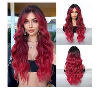 GUHPZA Perruques Lace Front Wigs Cheveux Humains Ondulés, Frange Dégradée Rouge À Huit Caractères, Grandes Ondulations, Cheveux Longs Et Bouclés, Perruque Mode Hallowe,Meera Red