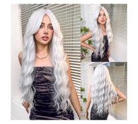 GUHPZA Perruques Lace Front Wigs Cheveux Humains Ondulés, Frange Dégradée Rouge À Huit Caractères, Grandes Ondulations, Cheveux Longs Et Bouclés, Perruque Mode Hallowe,Silver White