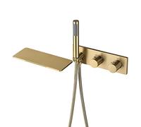 GUHPZA Robinet De Baignoire Cascade avec Douchette À Main, Robinet Thermostatique Mural en Laiton, Mitigeur À Double Poignée avec Flexible De Douche De 1,5 M, Gris,Brushed Gold