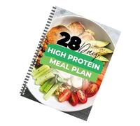 Guide complet de consommation riche en protéines de 28 jours mettant en évidence les listes d ' épicerie et l ' entrée dans la communauté de en forme, journal de régime en papier verni