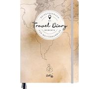 GuideMe Reisetagebuch Travel Diary "Weltkarte": Tagebuch zum Ausfüllen mit freien Seiten, Sammeltasche, Stickerbogen & 3 Lesebändchen