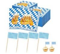 Guidre Lot de 100 serviettes pour la fête de la bière et 100 cure-dents Bavière - Décoration bleue - Drapeau bavarois - Décoration pour Munich, tentes à bière, décoration de table