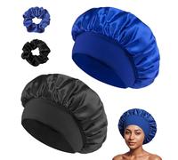 GUIGA Bonnet Satin Cheveux Nuit, Convient à tous les types de cheveux, Unisexe Contient 2 Bonnet Cheveux Nuit Pour + 2 Pinces a élastique (Noir + Bleu saphir)