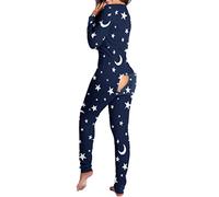 Guiran Pyjama une pièce pour femme avec col en V échancré et rabat boutonné à l’arrière - Justaucorps, Étoile et lune bleu marine, L