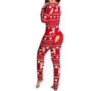 Guiran Pyjama une pièce pour femme avec col en V échancré et rabat boutonné à l’arrière - Justaucorps, Rouge fauve, S