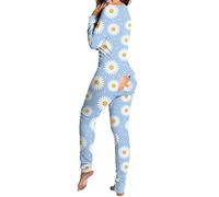 Guiran Pyjama une pièce pour femme avec col en V échancré et rabat boutonné à l’arrière - Justaucorps, Marguerite bleu clair, M