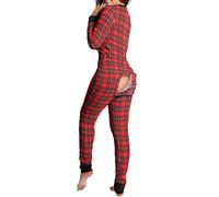 Guiran Pyjama une pièce pour femme avec col en V échancré et rabat boutonné à l’arrière - Justaucorps, Grille de couleur assortie, M