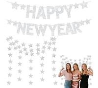 Guirlande argentée à paillettes Happy New Year 2026 - Décoration pour le Nouvel An avec étoiles et bannières suspendues, idéale pour vos fêtes et événements