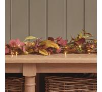 Lights4Fun Guirlande Automne-Hiver de 1,5 m avec 50 LED Blanc Chaud - Feuillage Artificiel Bordeaux, Prune et Rouille - Décoration saisonnière à Piles pour Manteau de cheminée et extérieur abrité