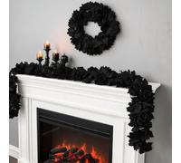 Guirlande d'automne foncée pour décoration de manteau de porche d'Halloween | Texture réaliste, tiges pliables à la main, feuilles superposées, ligne traînante, effet drapé doux