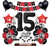 Guirlande de 15e anniversaire pour garçon et fille - Noir et rouge - Ballons confettis - Ballons - Chiffre 15 ans