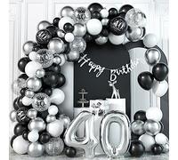 Guirlande de ballons décoratifs pour 40 ans Noir et argenté Avec chiffres Ballons gonflables Confettis Bannière Happy Birthday Bunting 40 ans Décoration d'anniversaire de 40 ans Pour homme et femme