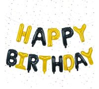 Guirlande de ballons « Happy Birthday » - 40,6 cm - Noir et doré - Ballons en aluminium - Ballons d'anniversaire - Bannière - Décoration de fête d'anniversaire - Ballons en aluminium - Bon