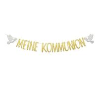 Guirlande de communion dorée avec bannière à paillettes, guirlande en papier avec motif colombe et croix, décoration de première communion pour filles et garçons, suspendue pour mur, fenêtre, cheminée